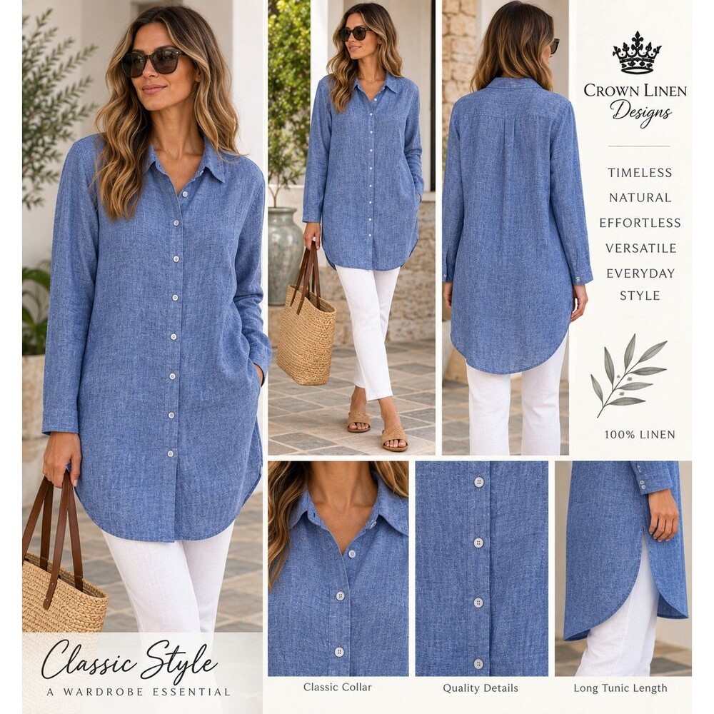 Crown Linen Designs Cameron Women XL 100% Linen Button Up Tunic Shirt Minimalist